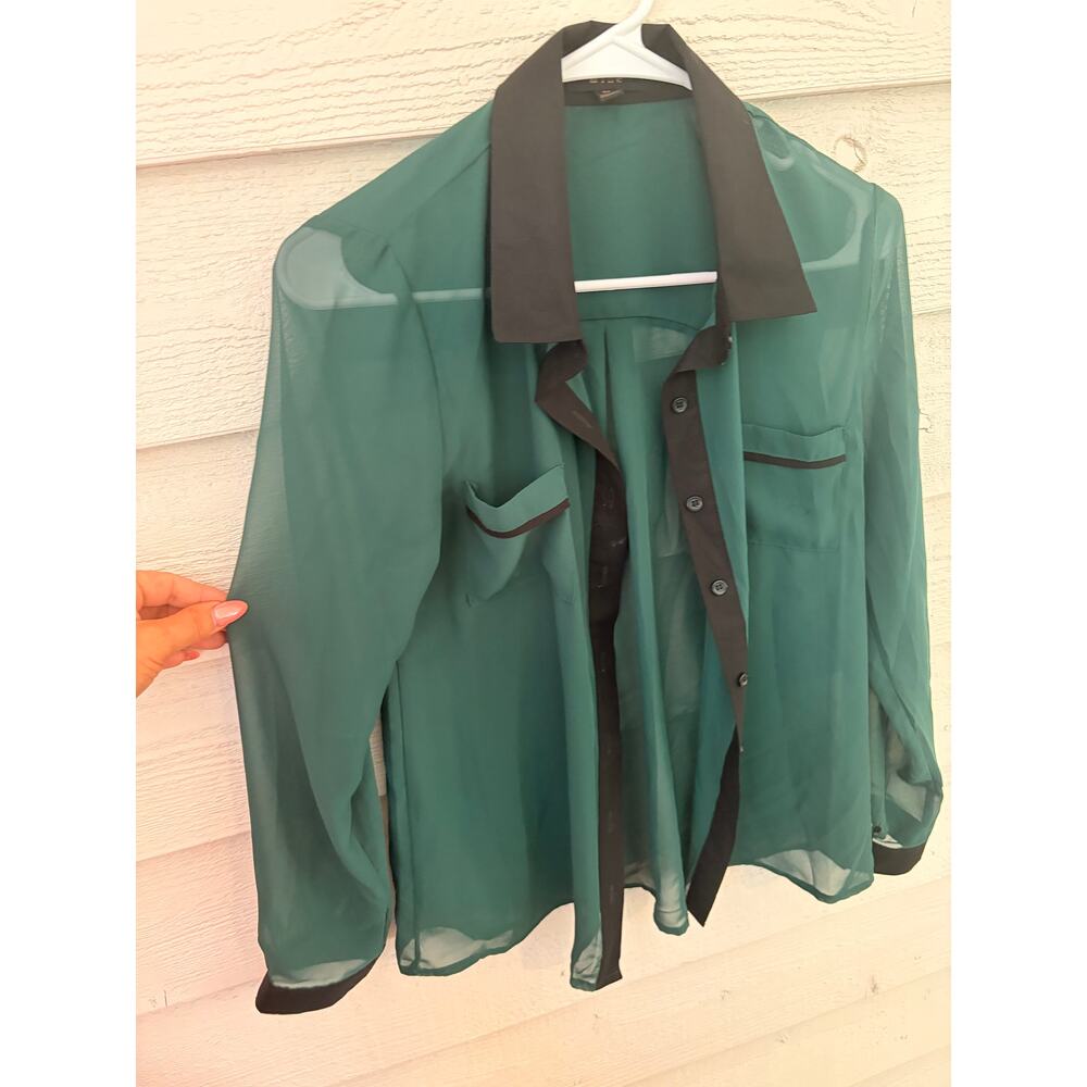 Mine Sheer Green & Black Contrast Button-Up Chiffon Blouse Medium - Picture 4 of 8